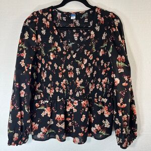 Old Navy Blouse Womens XL Black Floral Smocked Peplum Top‎ Coquette Coastal